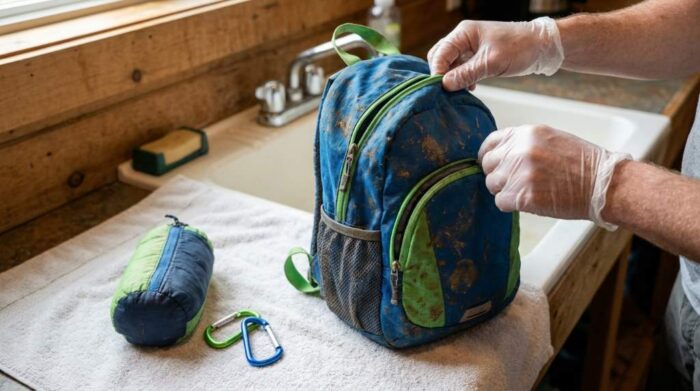 Kids camping backpack drying outdoors on a clothesline