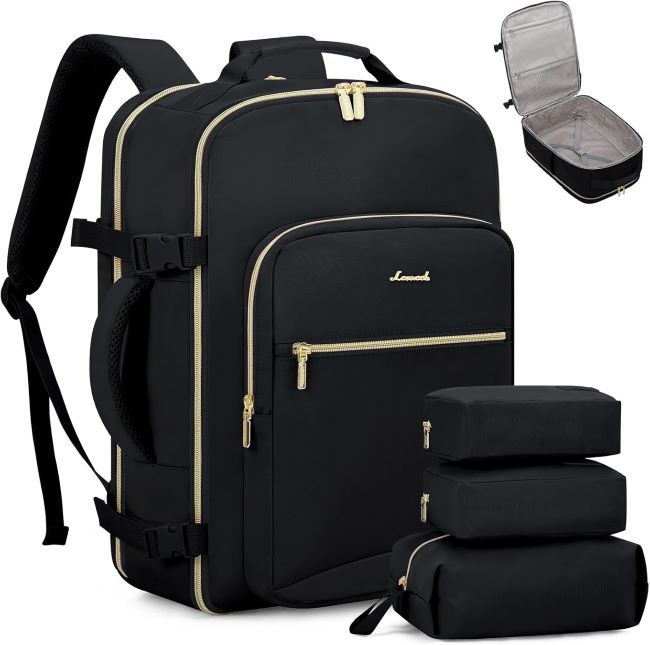 LOVEVOOK 40L flight-approved travel backpack with packing cubes, waterproof construction, and laptop compartment for organized travel