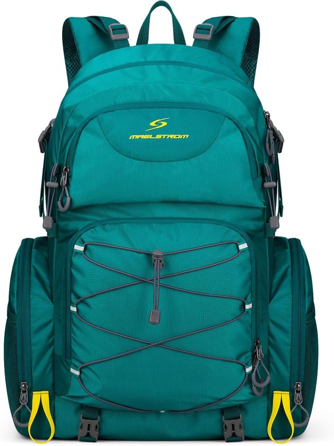 Maelstrom 40L green waterproof camping backpack with rain cover, designed for men and women for hiking and outdoor travel