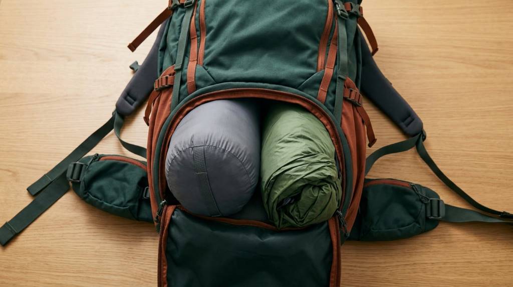Man organizing camping gear inside a hiking backpack