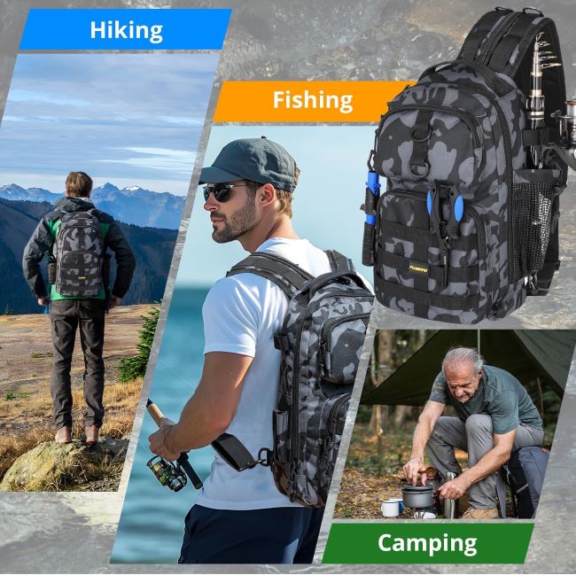 PLUSINNO waterproof fishing backpack with tackle boxes, rod holder, and organized storage for fishing gear and outdoor trips
