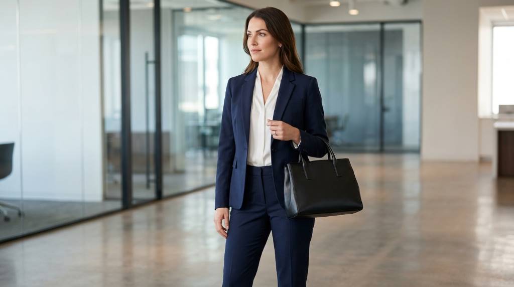 Professional woman carrying a black leather top-handle bag with a tailored suit
