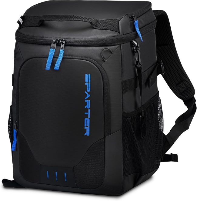 SPARTER insulated backpack cooler with leak-proof compartments, designed for camping, beach trips, hiking, and outdoor activities