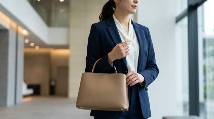 Seasonal styling of a straw top-handle bag with a summer office ensemble