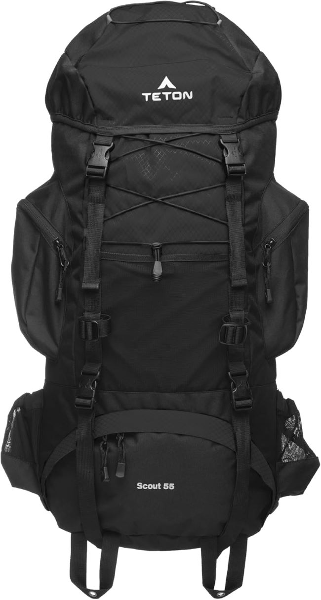 Teton 55L Scout internal frame hiking backpack with rain cover, built for camping, backpacking, and long outdoor trips