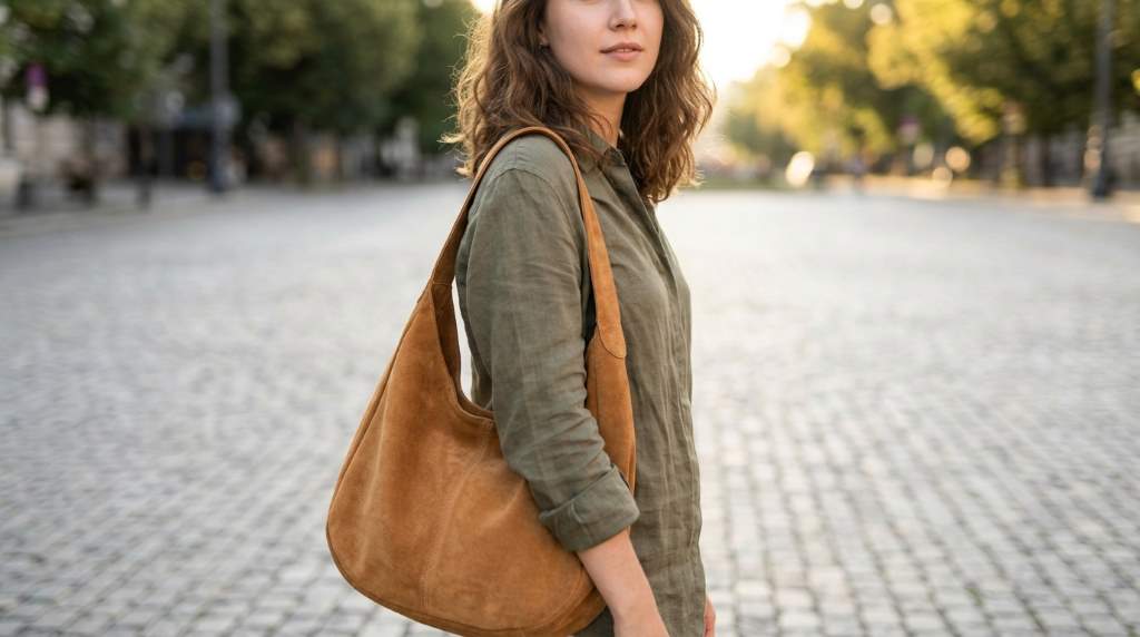 Woman wearing a stylish hobo shoulder bag with a casual outfit