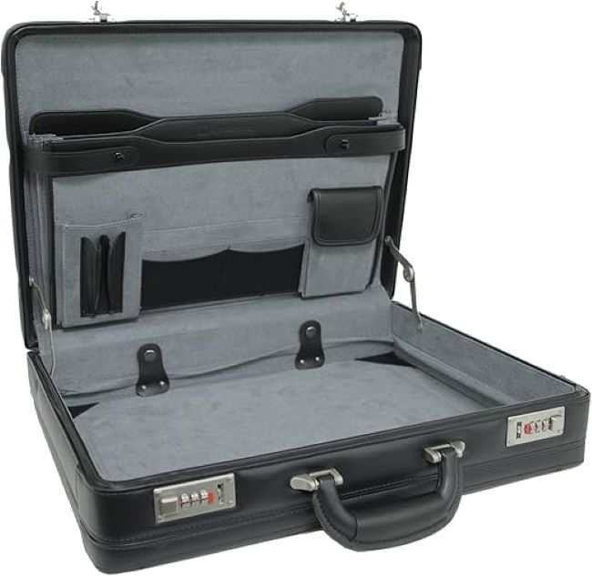 Alpine Swiss leather briefcase with combination locks and organized interior