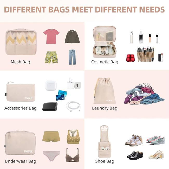 BAGAIL luggage organizer set with multiple packing cubes for clothing, shoes, and travel accessories