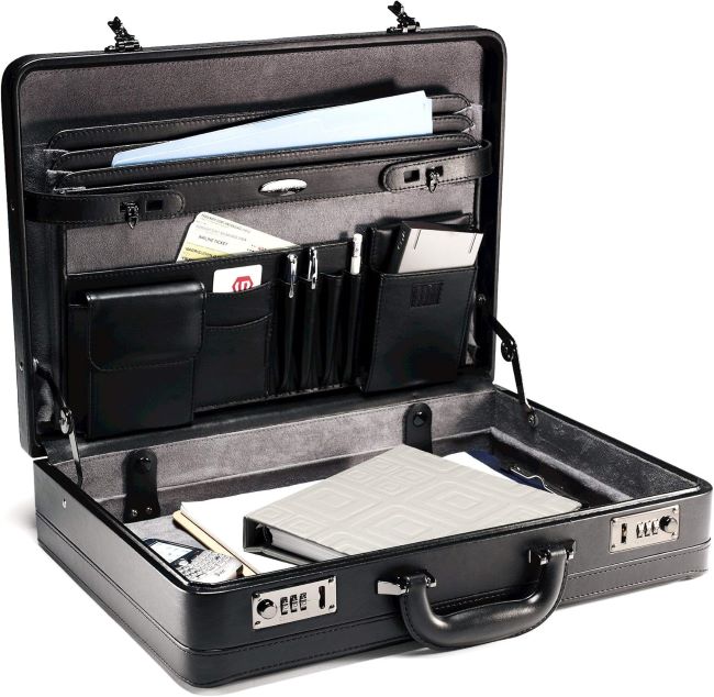 Samsonite leather briefcase carrying documents and a laptop for everyday business use