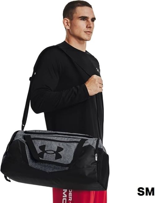 Under Armour gym bag carrying workout clothes, shoes, and fitness essentials