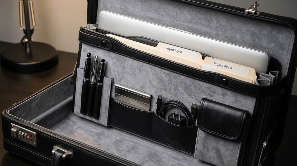 Alpine Swiss genuine leather attache on executive office desk