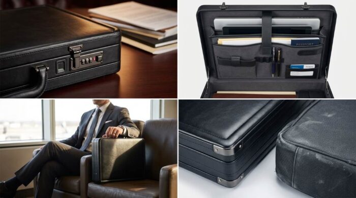 Black Samsonite leather attache with combination locks and padded handle