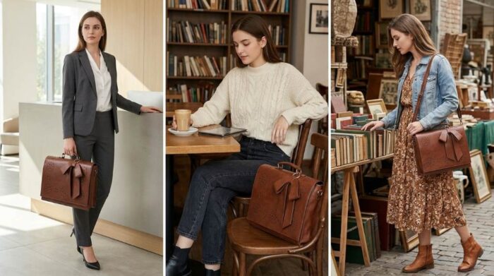 Brown Ecosusi briefcase styled with cream sweater and tailored trousers
