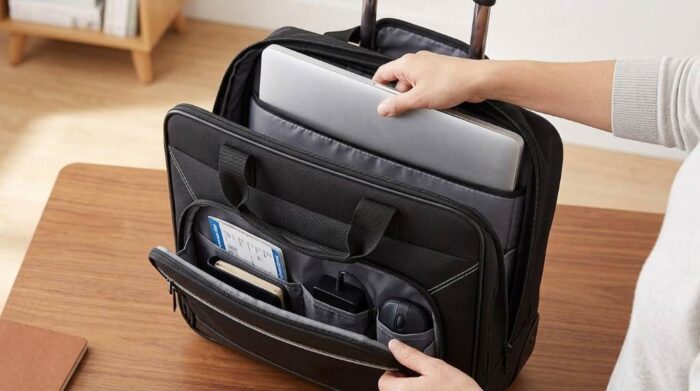Business traveler pulling rolling laptop bag through hotel lobby