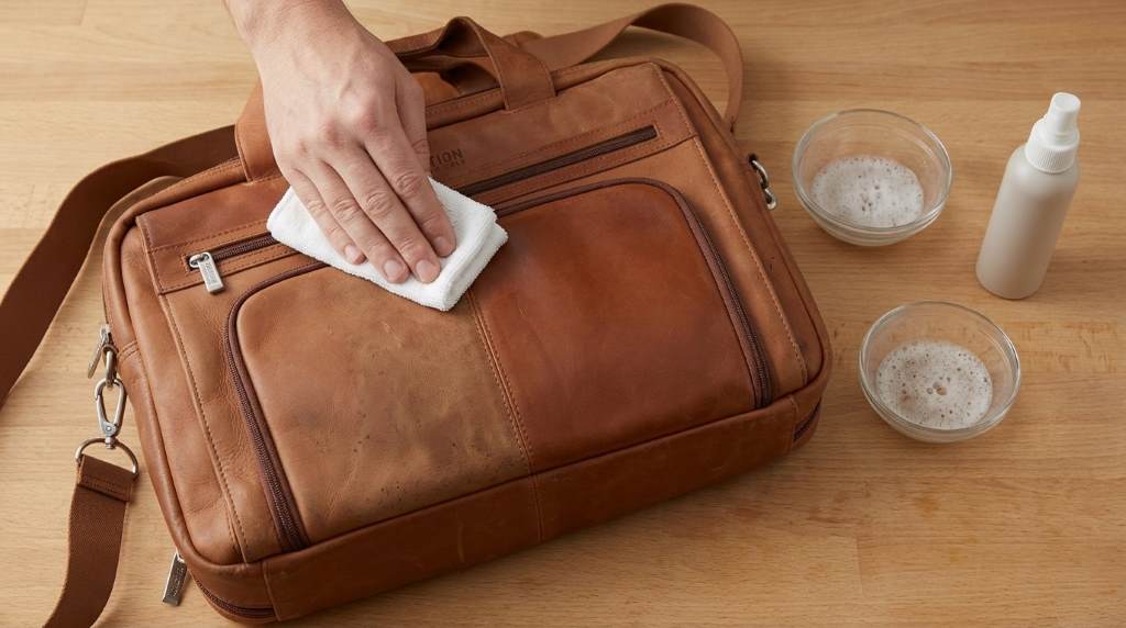 Cleaning a Kenneth Cole Reaction leather laptop bag with microfiber cloth