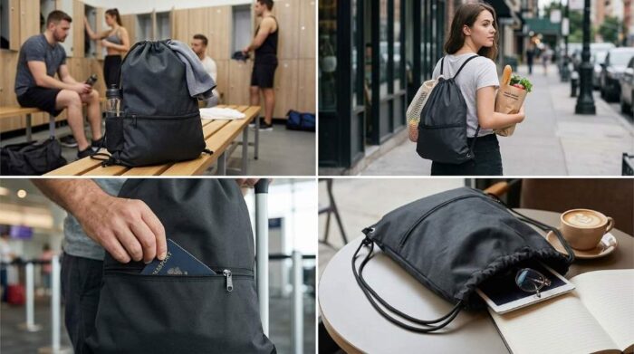 Holyluck drawstring backpack with zipper pocket and shoulder cords