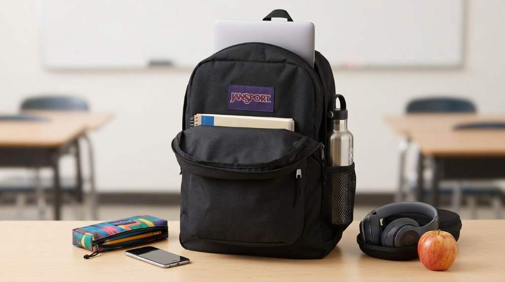 JanSport SuperBreak One backpack packed with notebooks and daily essentials