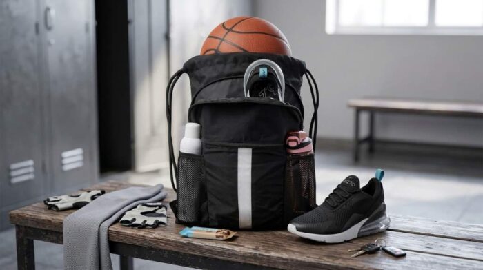 Lightweight drawstring gym bag carried during outdoor activities