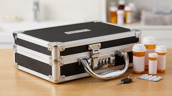Locking medicine case holding prescription bottles and supplies