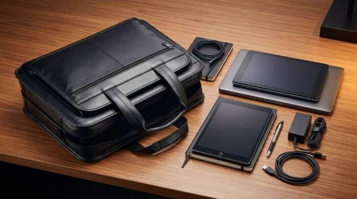 Samsonite expandable briefcase packed with laptop charger and folders