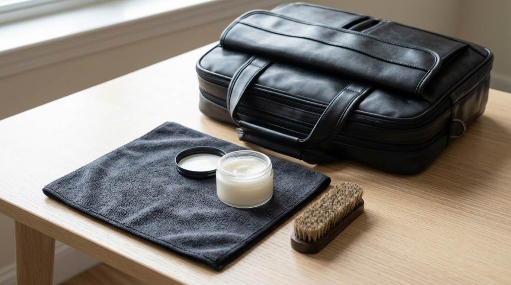 Seyfocnia business leather bag being cleaned with a microfiber cloth