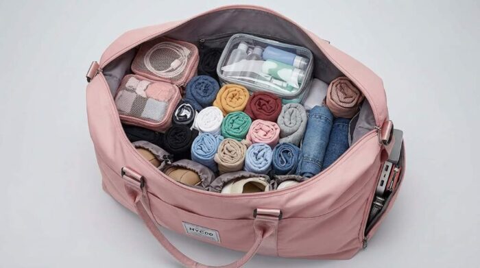 Space-saving packing cubes arranged inside a HYC00 travel bag