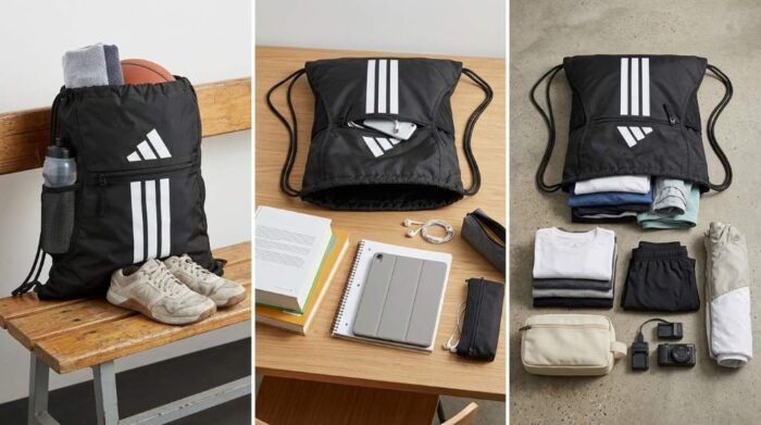 Student supplies organized inside Adidas drawstring bag