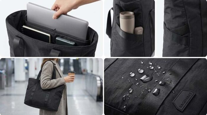 Travel essentials packed inside a Bagsmart tote bag