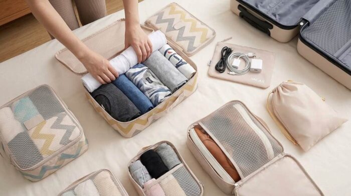 Travel luggage organized with multiple packing cube sizes