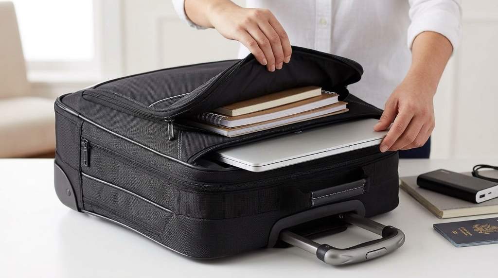 Traveler using Amazon Basics rolling laptop bag at airport terminal