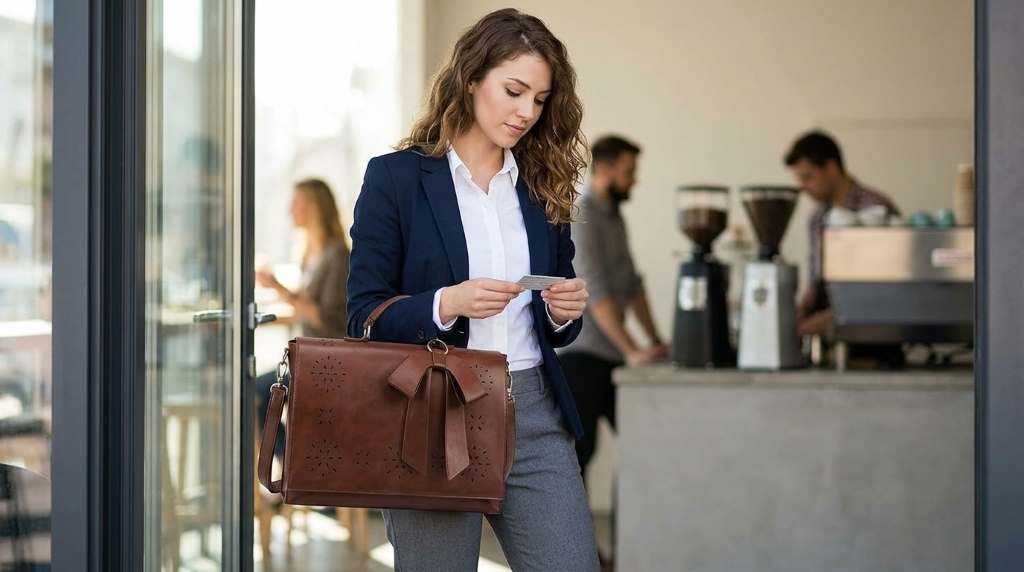 Woman styling an Ecosusi laptop briefcase with tailored office clothing