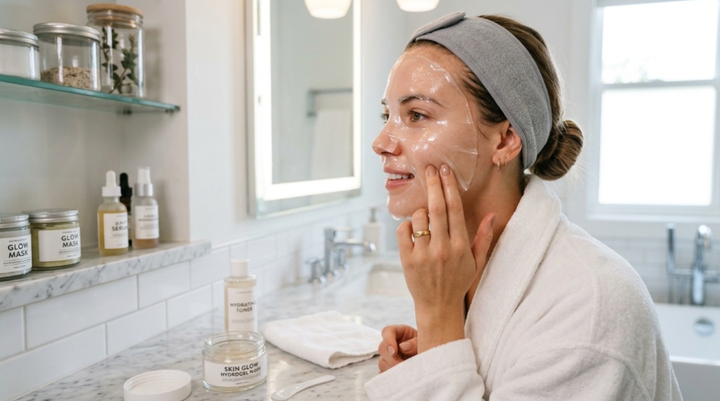 Woman applying a translucent hydrogel face mask in a bright bathroom.